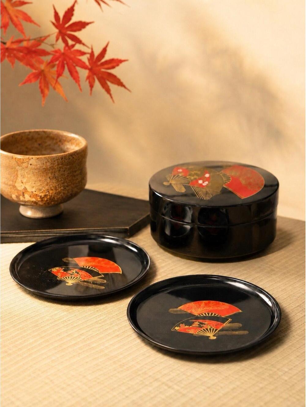 Japanese Vintage 1970s Set Of 6 Sensu Fan Lacquerware Coaster Lidded Box, 4.25”